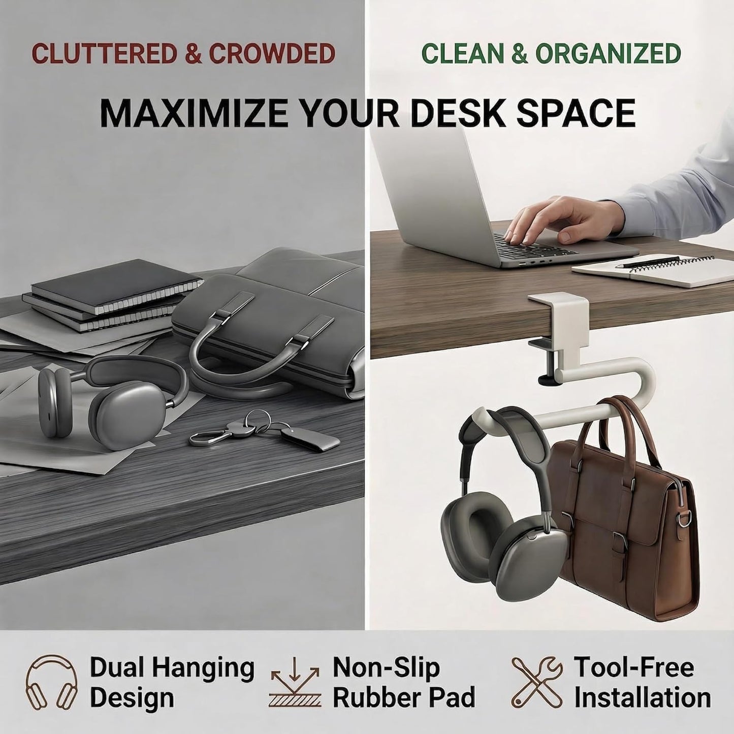 Desk Hook & Bag Hooks for Tables, Anti-Slip 60LB Heavy Duty Clamp-On Backpack Hanger, Extended Clearance Bag Holder for Desk for Office & Gaming, Adjustable (0.19-1.57in) (White)