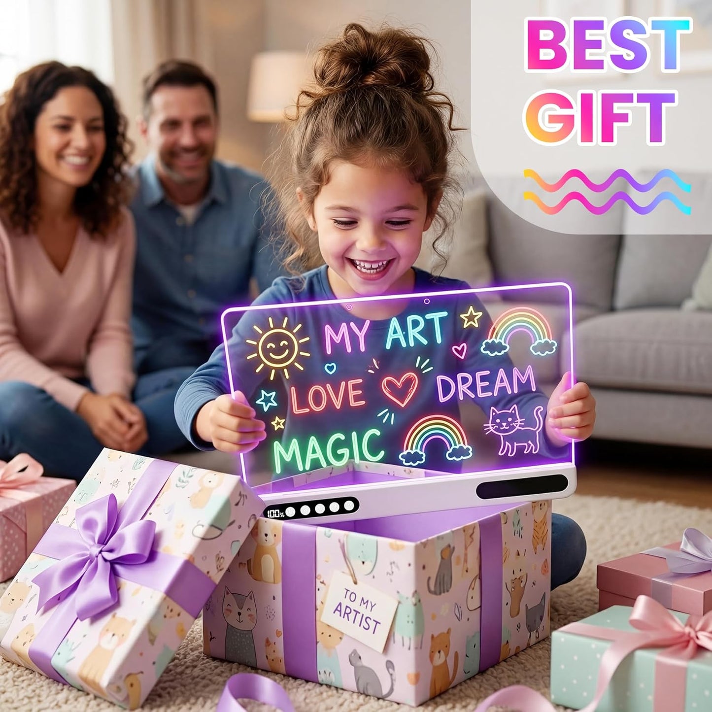 Led Drawing Board for Kids, 16" Rechargeable Neon Message Board with 7 Light Modes, Cordless Design, Built‑in Stand, Wall‑Mount Ready, Doodle Glow Drawing Board, Pens & Tracing Book Included