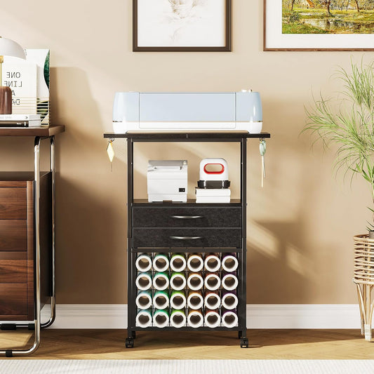 VENNQD Organizer and Storage Stand Compatible with Cricut Machines,Rolling Storage Cart/Shelf with 24 Vinyl Roll Holders,2 Fabric Drawer,Accessories Holder,Tool Hook for Craft Room Home (white)