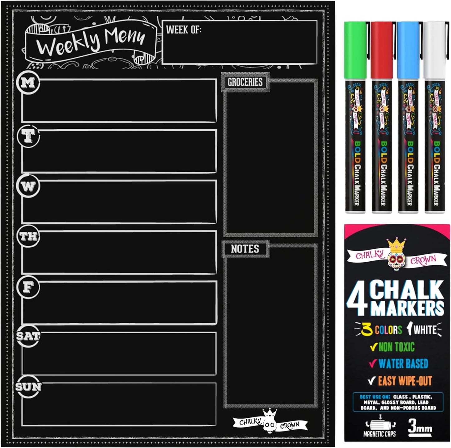 CHALKY CROWN Magnetic Dry Erase Menu Board for Fridge Includes 4 Liquid Chalk Markers - Weekly Meal Planner Blackboard, Grocery List & Notepad for Kitchen Refrigerator - Chalkboard Magnet 15.6" x11.6