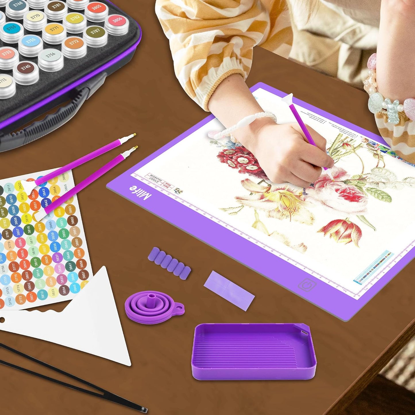 Mlife Diamond Painting Storage Boxes,1 Diamond Painting A4 Light Box Tracing Light Board with 3 Brightness, 80 Slots Bead Storage with 5D Diamond Art Accessories and Tools Kit(Purple)