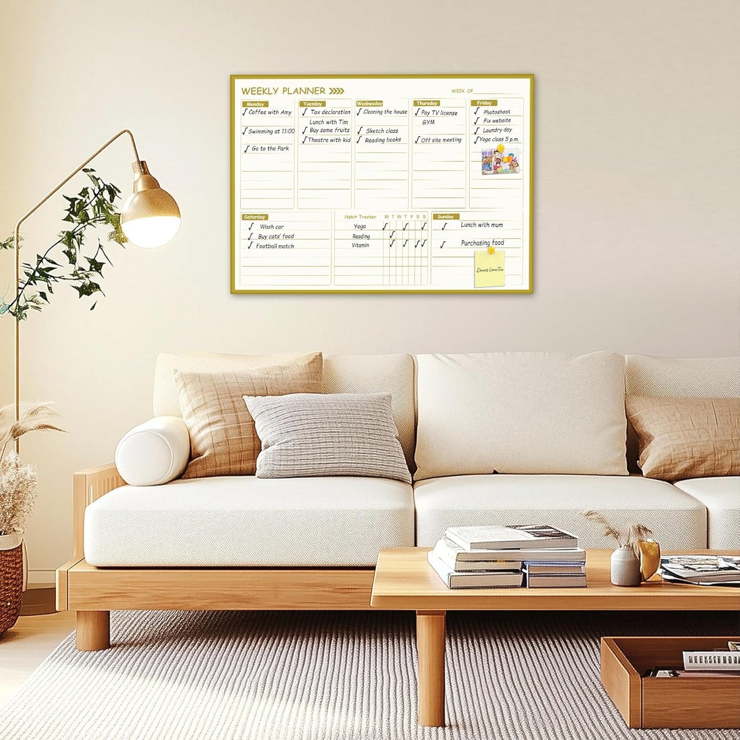 Gold Weekly Dry Erase Board for Wall,12"x16",Small Magnetic Dry Erase Weekly Calendar Board,Gold Metal Frame Weekly Planner Whiteboard for to Do List, Memo, School, Home, Office, Kitchen-GZ