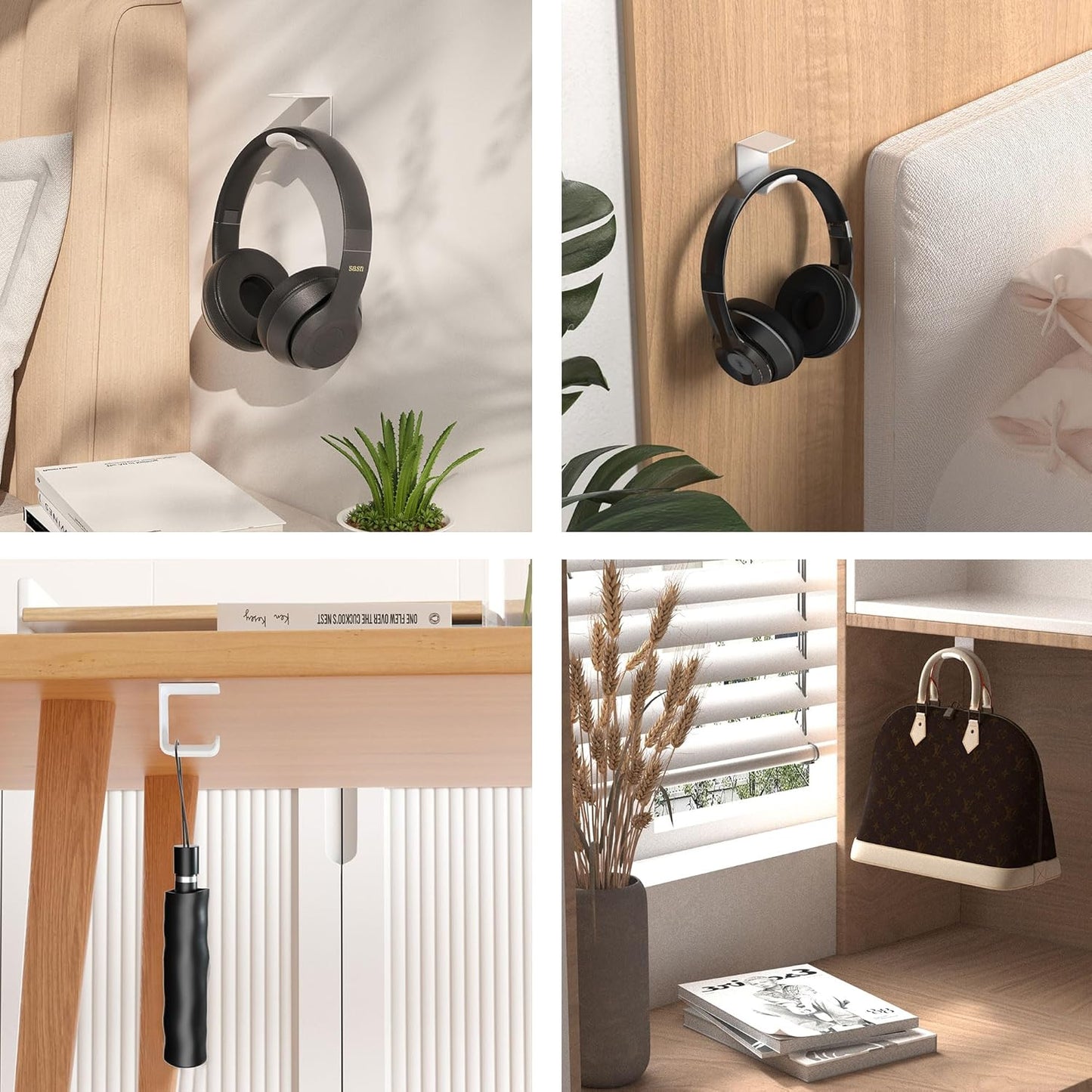HomeMount Under Desk Headphone Hook - Adhesive Headphone Stand Hanger for Desk - White