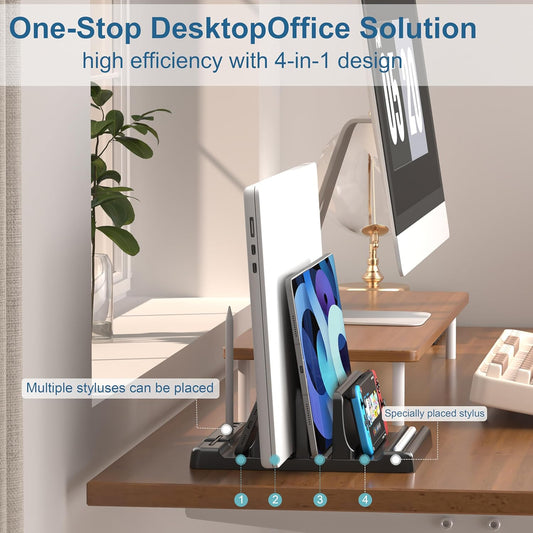 Vertical Laptop Stand Holder - Adjustable ABS Plastic Laptop Holder Vertical, Space-Saving 4 in 1 Compatible with All MacBook Pro Air, Mac, HP, Dell, Microsoft Surface (Black)