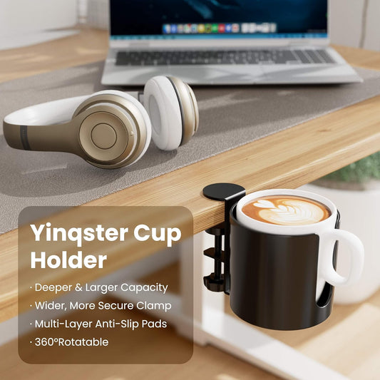 Yinqster 360° Deep Desk Cup Holder with Extra Wide Clamp, Anti-Spill Clip on Cup Holder for Desk, Rotating Table Mug Holder for Office & Gaming Accessories to Hold Stanley YETI Bottles, Bottle Racks