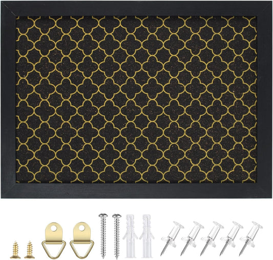 TORASO Cork Board for Walls, Bulletin Board with Black Cork Gold Print, 10.2" x 14.2",Small, Black Framed,Corkboard for Office School Bedroom and Dorm Room (RMB-BK-2636)