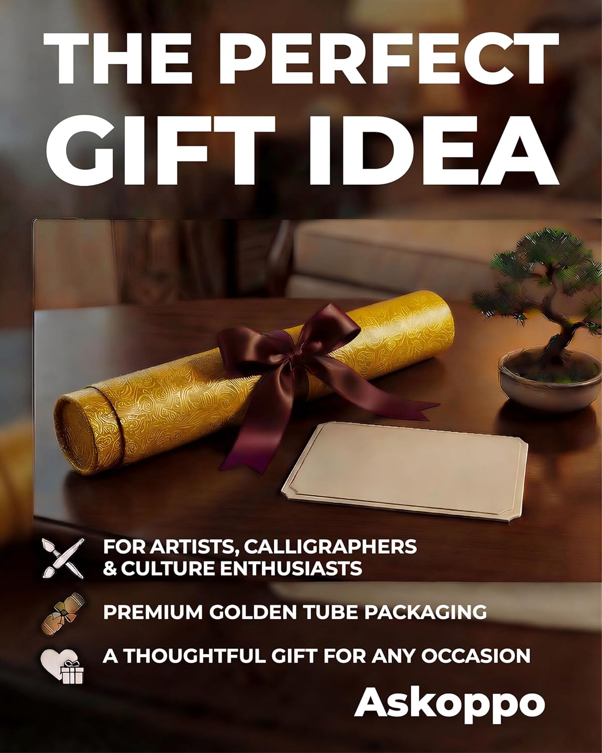 Premium Calligraphy Felt Mat (19.7" x 27.5") with Stitched Edges, Zero-Crease Roll Up Desk Pad & Blotter with Telescopic Matte Gold Tube, Ink Absorption for Sumi-e & Watercolor, Grey