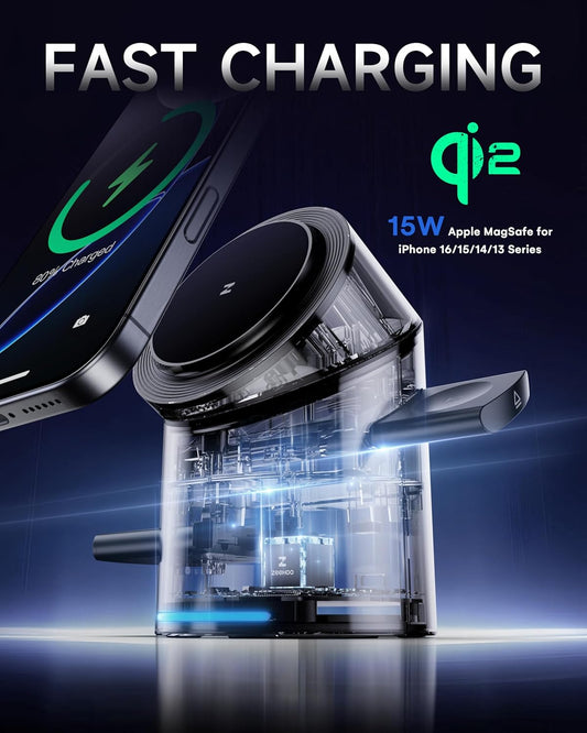 ZEEHOO 3 in 1 Charging Station for Apple Devices, Mag-Safe Charger Stand, Qi2 15W Auto-Rotating Wireless Charger for iPhone 17 16/15/14/13/12 Series& AirPods& iWatch(Black)