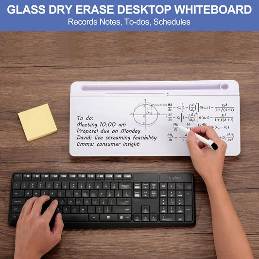 PATIKIL Dry Erase Desktop Glass Whiteboard, Quick Notes Pad, Write Quick Sticky Notes for Desk Computer Keyboard Stand with Storage Caddy for Working Home Office, Studying, White
