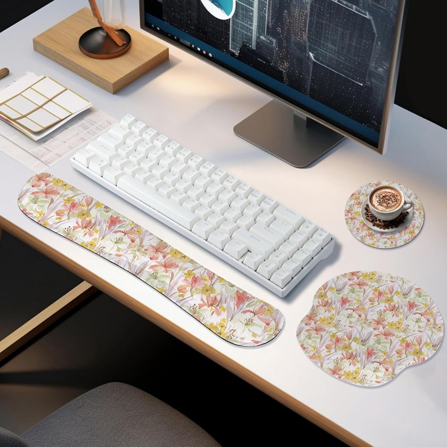 RICHEN Keyboard Wrist Rest and Mouse Pad with Wrist Support, Memory Foam Set for Gaming and Office, Comfortable & Lightweight for Easy Typing & Pain Relief (White Butterflies)