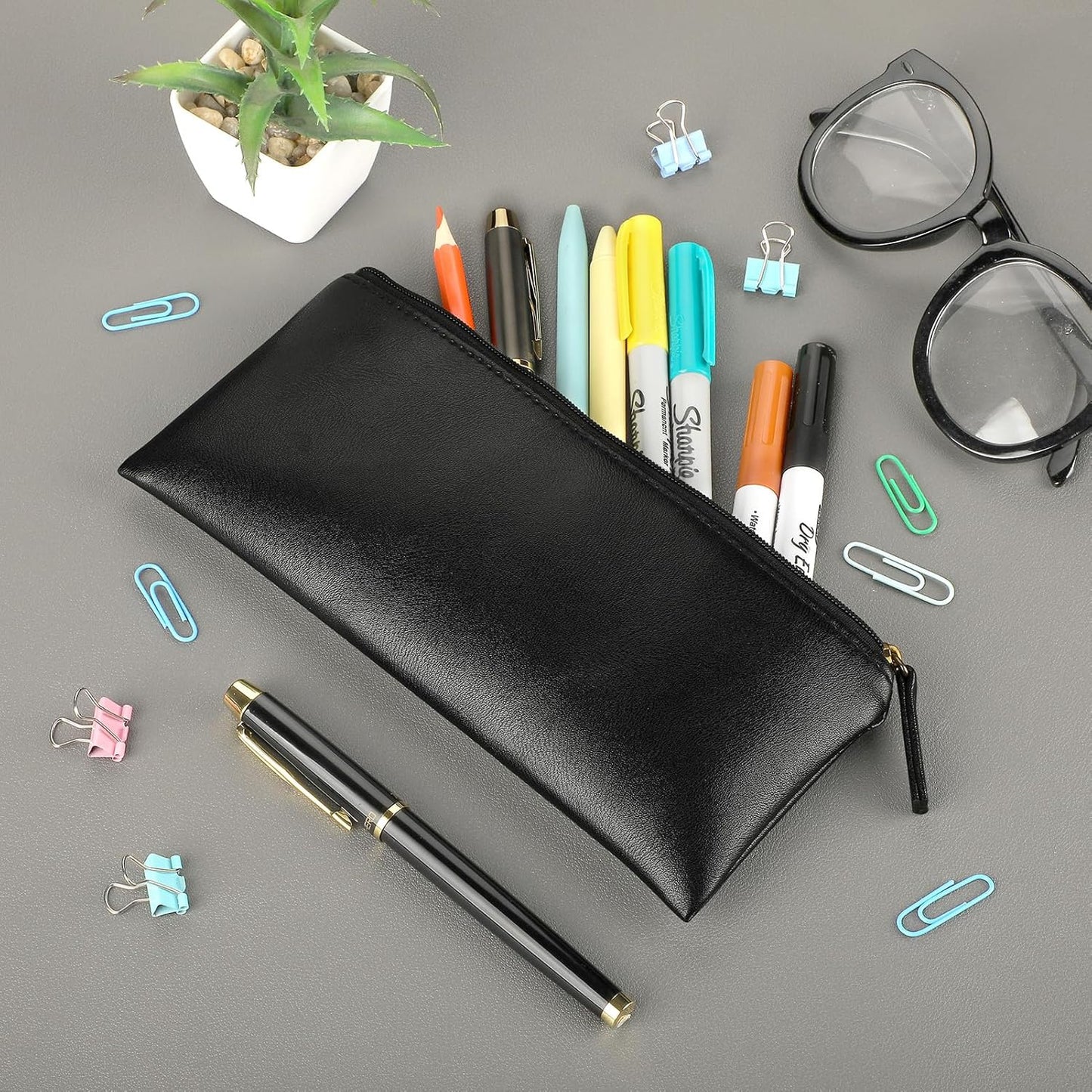 MROCO Pencil Case Black Pencil Bag PU Leather Pen Case Small Zipper Pouch for Pencils, Pens, Markers, Makeups, Change, Coins