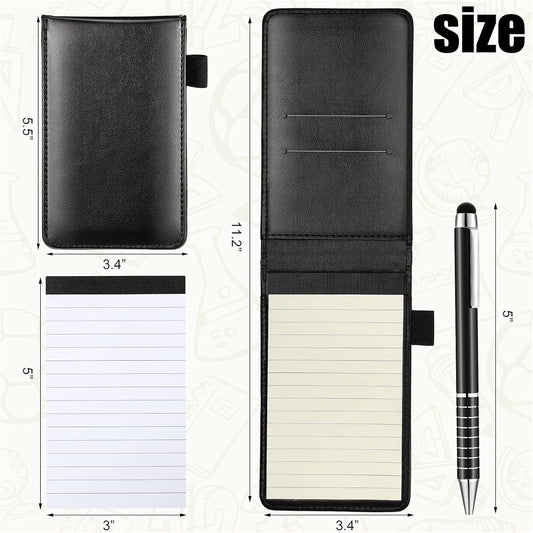 Outus 10 Pcs Mini Pocket Notepad Holder Set Included Small Leather Pocket Notebook Holder with 50 Lined Sheets, Metal Pen, 8 Pcs 3 x 5 Inch Memo Book Refills, 30 Lined Paper Per Note Pad (Black)