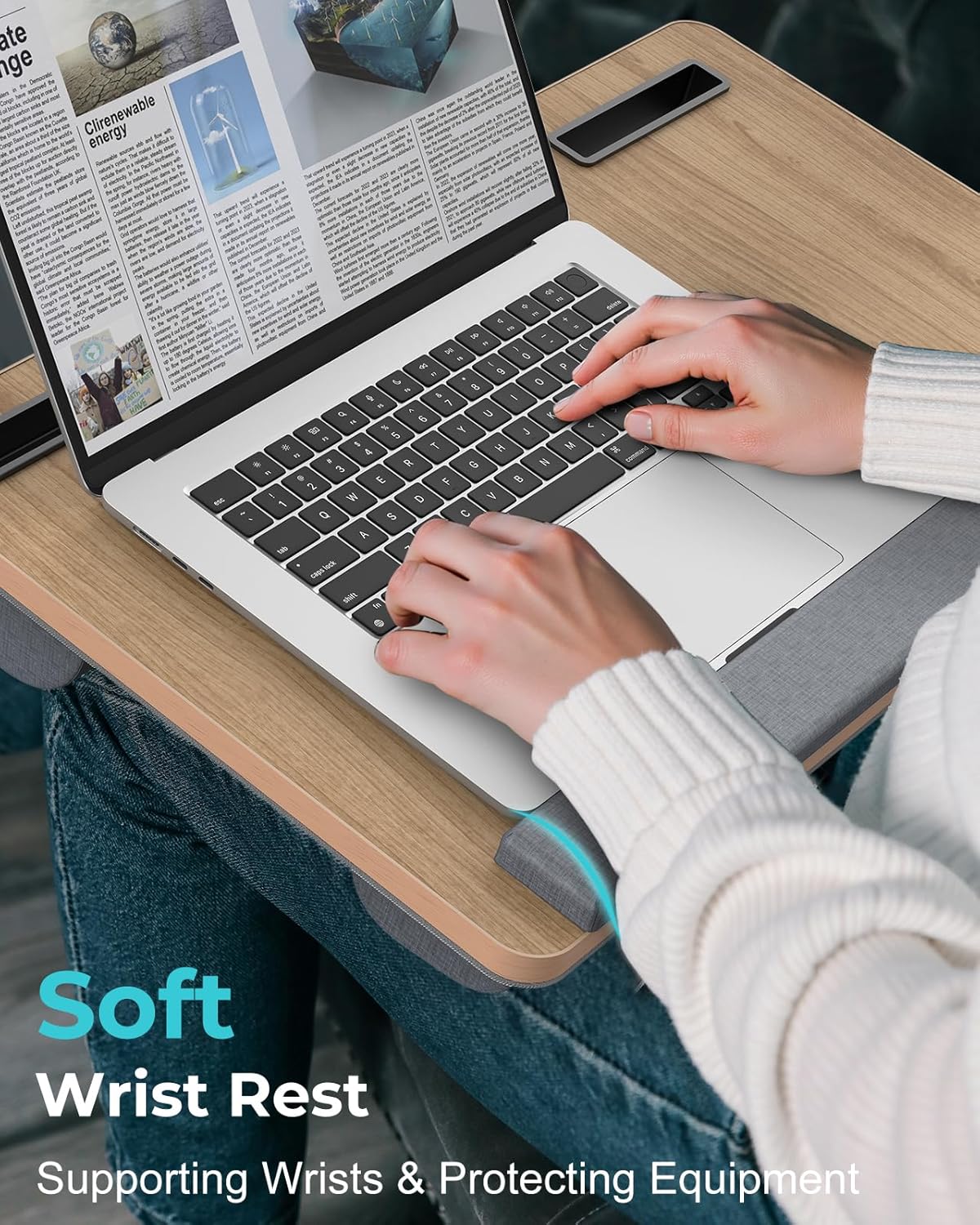 Potuopy Lap Desk- Fits up to 17” Laptop Lap Desk with Wrist Pad, Laptop Lap Pad, Lap Desks for Adults Laptop Stand for Bed with Cushion and 2 Upgraded Mouse Pads, Tablet and Phone Slots (Dark Brown)
