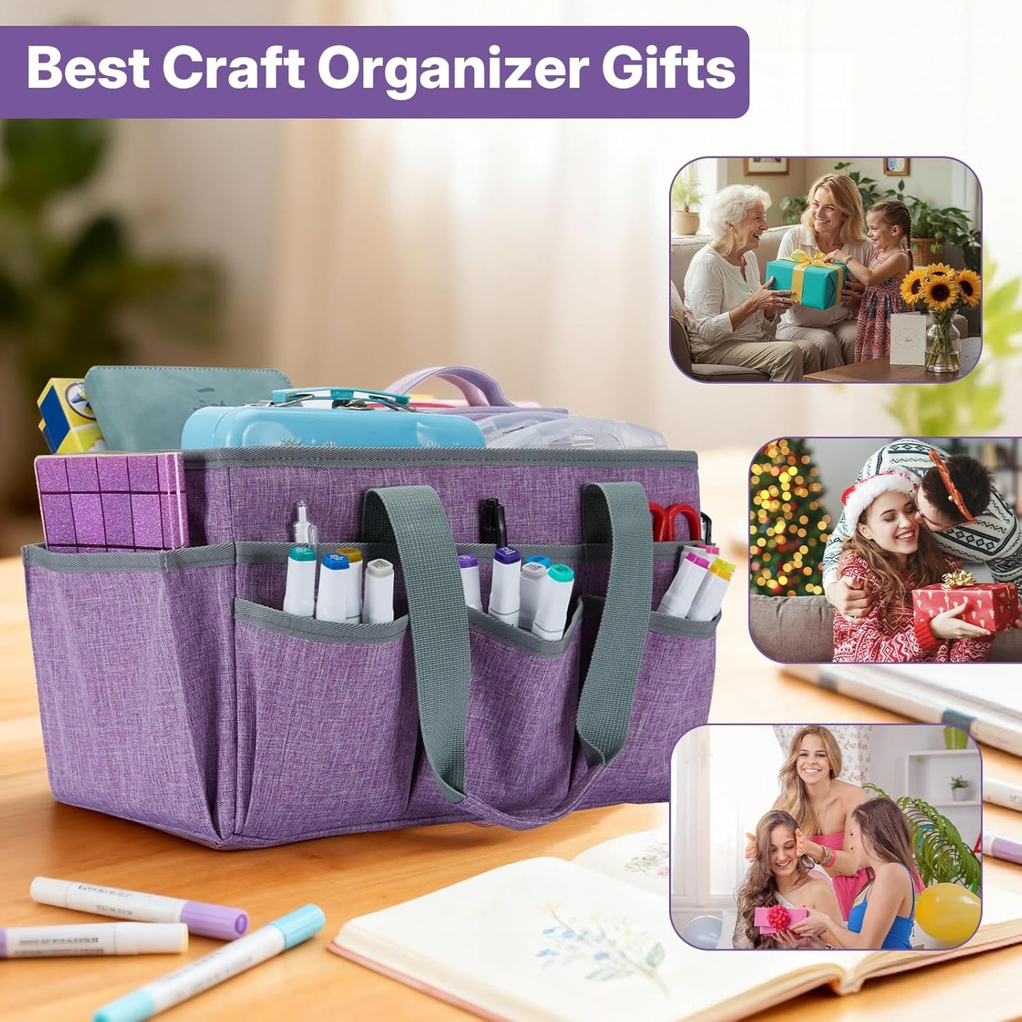Craft Organizer Tote Bag, Art Organizer, Craft Caddy with Multiple Pockets, Storage Bag for Sewing Tools, Art Supplies, Home and Office (Cat Print)