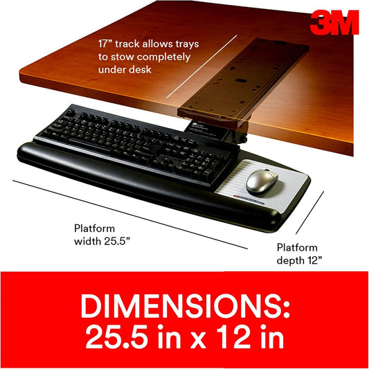 3M Keyboard Tray, Just Lift To Adjust Height And Tilt, Sturdy Tray Includes Gel Wrist Rest And Precise Mouse Pad, Swivels Side To Side And Stores Under Desk, 23" Track, Black (AKT90LE)