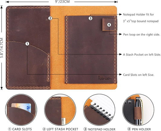 Robrasim Top Bound 3"x5" Memo Notebook Covers, Genuine Leather Cover for 3x5 Top-Spiral Notebook, Memo Book Cover Note Pad Holder Cover Only, Brown