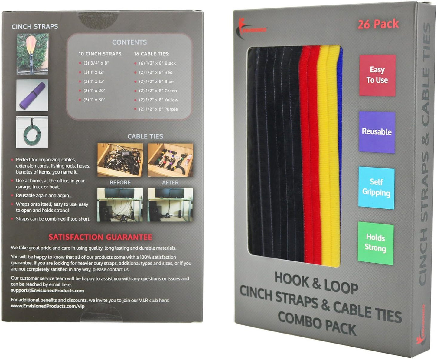 ENVISIONED Reusable Cinch Straps 2" x 40" - 6 Pack, Multipurpose Strong Gripping, Quality Hook and Loop Securing Straps (Black) - Colors A