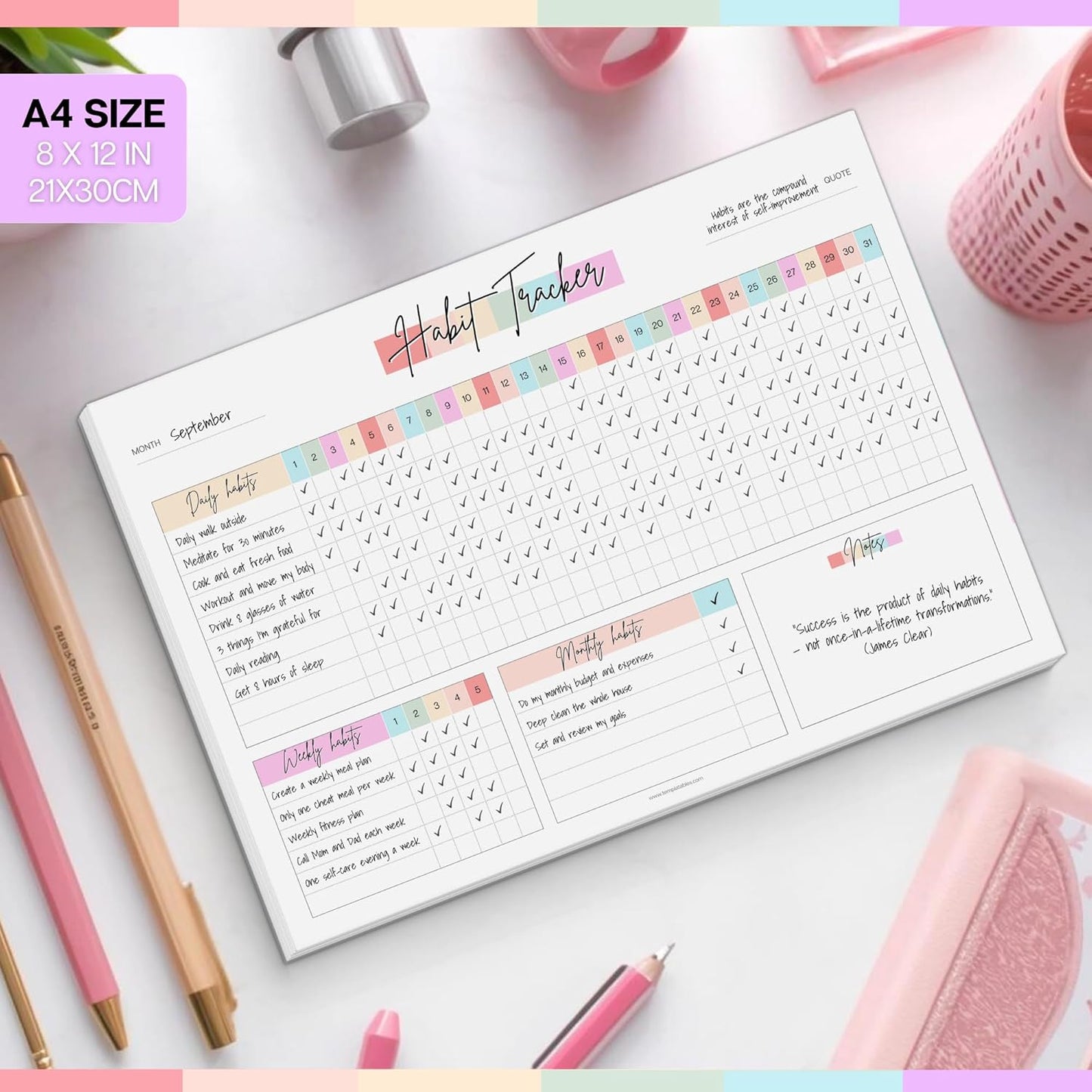 Habit Tracker Desk Pad A4 – Daily Weekly & Monthly Habit Tracker Pad – Productivity & Goal Planner Deskpad – 50 Tear-Off Sheets, 120gsm Premium Paper (Colorful)