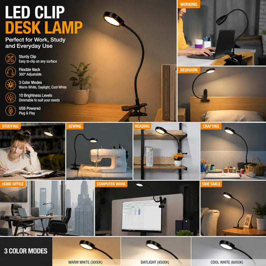 USB Clip-On Desk Lamp with 3 Color Modes, Adjustable Brightness, Gooseneck, 1 Minute Timer, Book Light for Reading Book in Bed at Night Clip on Table, headboard, Dorm, (Warm+Cool White, 8W)