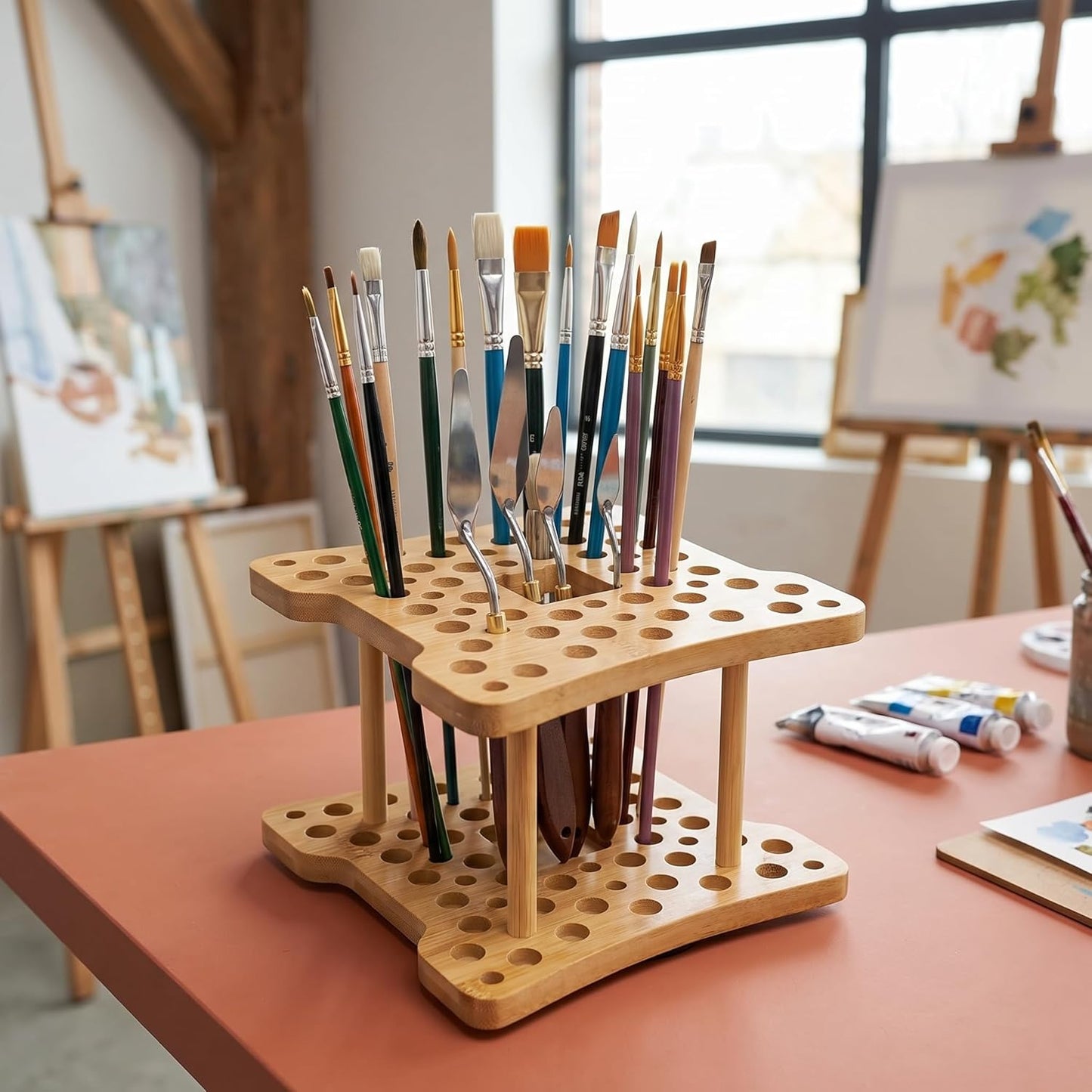 Cedilis 2 Pack Rotating Paint Brush Holder, 59 Holes Bamboo Paintbrush Holder Organizer for Pen, Pencil, Watercolor Brushes, Artist, No Assembly Required