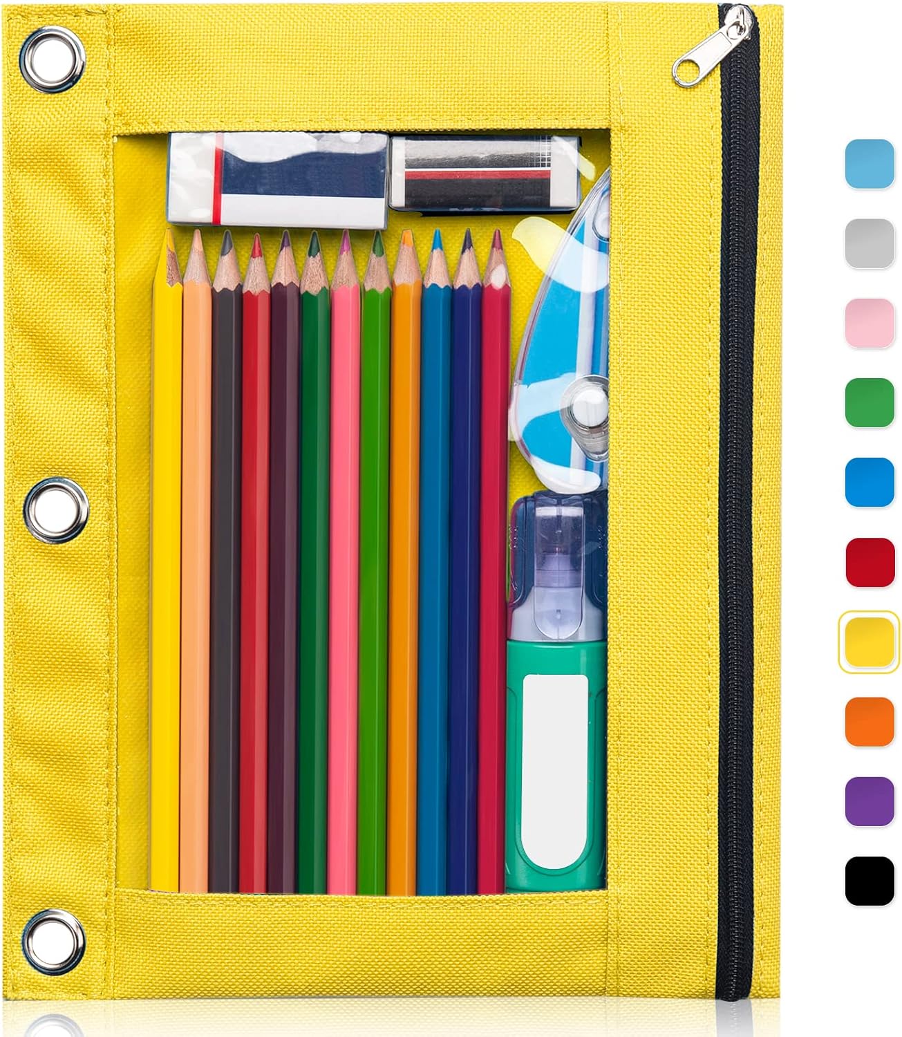 Forvencer Pencil Pouch for 3 Ring Binder, Large Pencil Case Pouch with 3 Reinforced Grommets, Pen Bag, Clear Window Pencil Case, Binder Accessories, Black