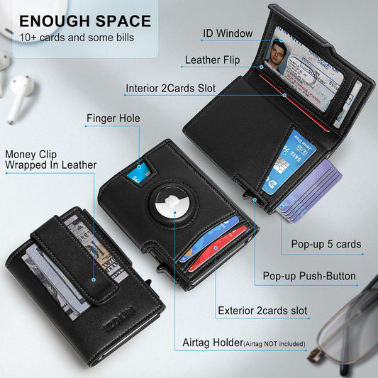 miyozi Airtag Wallet for Men,with Money Clip 10 Cards Metal Case Smart Slim Pop Up Credit Card Holder Flip with Magnetic Closure RFID Blocking wallet with Gift Box