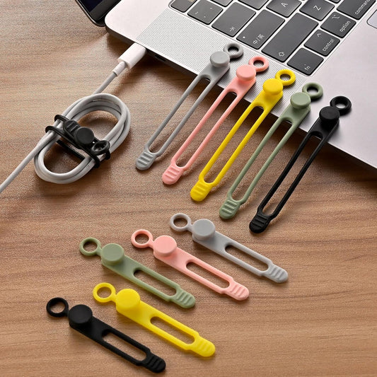 10Pcs Reusable Silicone Cable Ties – Adjustable Cord Organizer with Locking Buckle, Elastic Cable Straps for Earphones, Chargers, PC Wires – Colorful Wire Wraps for Home, Office, Travel