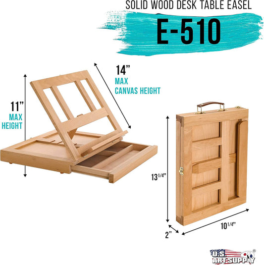 U.S. Art Supply Solana Adjustable Wood Art Easel: Portable Beechwood Tabletop Easel with Storage Drawer & Palette for Painting & Drawing, Artist Desktop