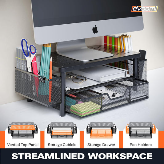 eVoomi FlowMax Ergonomic Desk organizer Computer Monitor Stand -Improved XL Desk Drawer, File Paper Pencil Holders - Pro Posture Eye-Level Tension Relief - Anti-Slip Home Office Supplies Storage Stand for Laptop Monitor or Printer