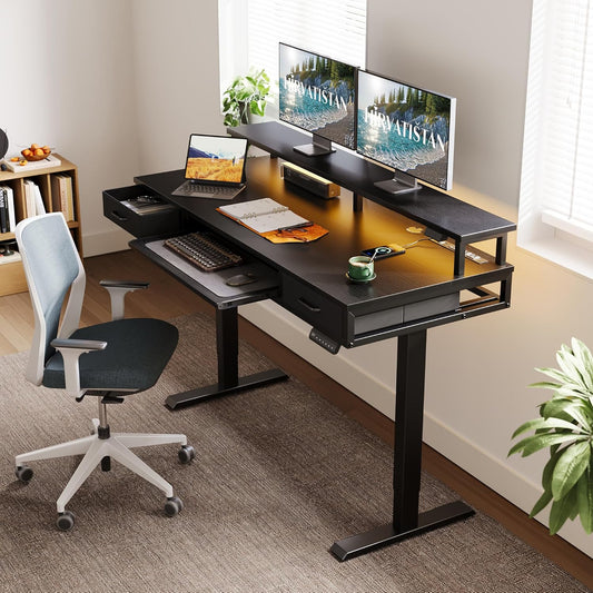 AODK Electric Standing Desk with Drawers & Keyboard Tray, 55 Inch Height Adjustable Gaming Desk with Power Outlets & LED Lights, Sit Stand Table with Monitor Stand for Home, Office, Rustic Brown
