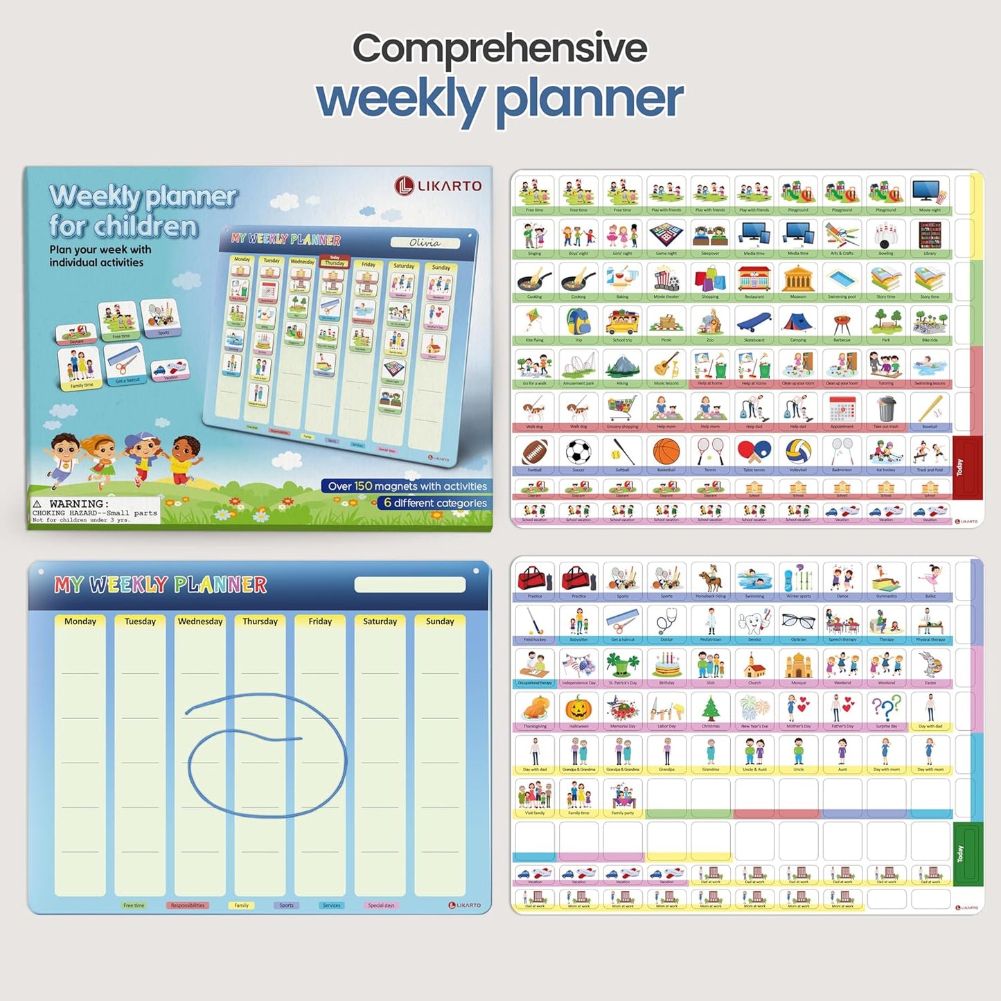 LIKARTO® Weekly Planner for Children - Montessori Magnetic Board incl 194 Magnets & Cord - Fully Writable & Wipeable - Encourages Independence