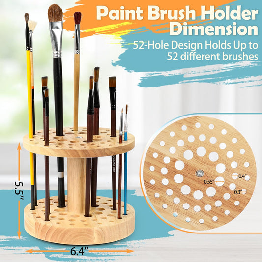 52 Holes Paint Brush Holder, 360° Rotating Paint Brush Organizer, Hardwood Storage Stand Rack for Artists Brushes, Crafts Tools, Makeup Brush, Calligraphy Pens