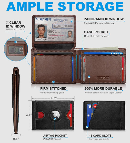 miyozi AirTag Wallet for Men, Slim Leather Bifold with Holder Slot, 2 ID Windows & 13 Card Slots, RFID Blocking Front Pocket Wallet with Gift Box