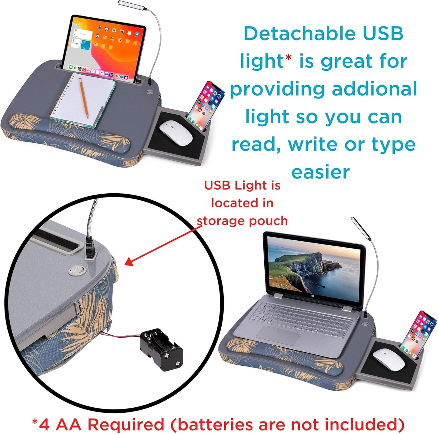 BIRDROCK HOME Deluxe Lap Desk with Memory Foam Cushion, USB Light & Dual Mouse Pads | Fits 15" Laptops, 9.6" Tablets, Phones | Portable Workstation for Teens & Adults | Tropical Grey Pattern