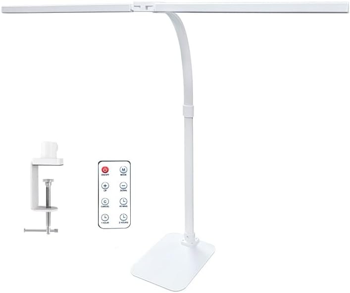LED Desk Lamp for Office Dorm Home - Eye Caring Desk Light with Timer, Remote Control 24W Brightest Dual Screen Computer Monitor Gooseneck Dimmable Table lamp with Anti-Glare Cover Clamp