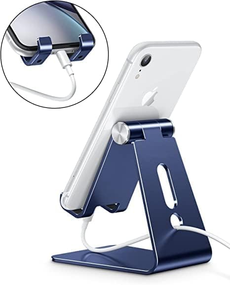 Adjustable Cell Phone Stand, OMOTON Aluminum Desktop Cellphone Stand with Anti-Slip Base and Convenient Charging Port, Fits All Smart Phones, Silver