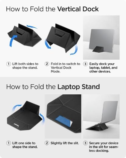 Spigen Slim Fold Portable Laptop Stand Keyboard Riser Foldable Ergonomic Angle Lift Anti-Slip Compatible with MacBook Neo, MacBook Air, MacBook Pro 11"-16" and iPad/Air/Pro and More - Black (LD201-S4)