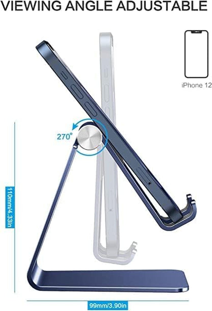 Adjustable Cell Phone Stand, OMOTON Aluminum Desktop Cellphone Stand with Anti-Slip Base and Convenient Charging Port, Fits All Smart Phones, Silver