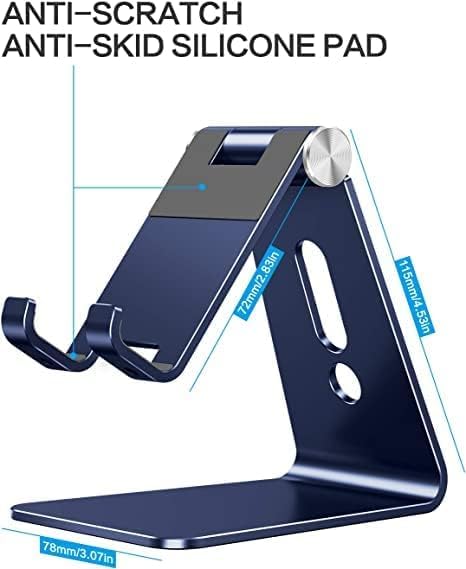 Adjustable Cell Phone Stand, OMOTON Aluminum Desktop Cellphone Stand with Anti-Slip Base and Convenient Charging Port, Fits All Smart Phones, Silver