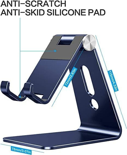 Adjustable Cell Phone Stand, OMOTON Aluminum Desktop Cellphone Stand with Anti-Slip Base and Convenient Charging Port, Fits All Smart Phones, Silver