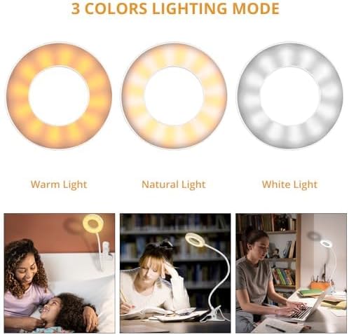 Woputne Desk Lamp Clip Light, 10 Dimmable Brightness 3 Light Modes Reading Light, Clamp Bedside Lamp for Painting, Craft, Study (Black)