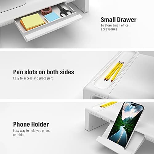 OImaster Adjustable Monitor Stand Riser with Drawer - Foldable Computer Stand for Desk, Desktop Organizer with Phone Holder & Pen Slot, Space Saving Laptop Riser for Home Office, Black