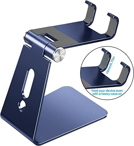 Adjustable Cell Phone Stand, OMOTON Aluminum Desktop Cellphone Stand with Anti-Slip Base and Convenient Charging Port, Fits All Smart Phones, Silver