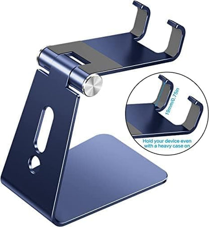 Adjustable Cell Phone Stand, OMOTON Aluminum Desktop Cellphone Stand with Anti-Slip Base and Convenient Charging Port, Fits All Smart Phones, Silver