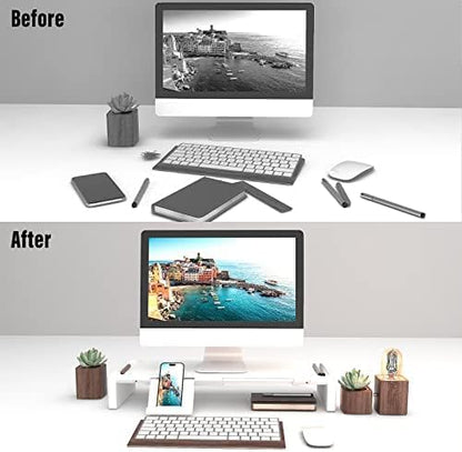 OImaster Adjustable Monitor Stand Riser with Drawer - Foldable Computer Stand for Desk, Desktop Organizer with Phone Holder & Pen Slot, Space Saving Laptop Riser for Home Office, Black