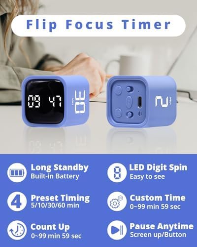 Productivity Timer Flip Gravity Sensor Cube Timer Countdown & Countup,Mute & Vibrate & Sound，5/10/30/60min & Custom Timing, Perfect for ADHD,Work,Learning,Kitchen Cooking (1Black)