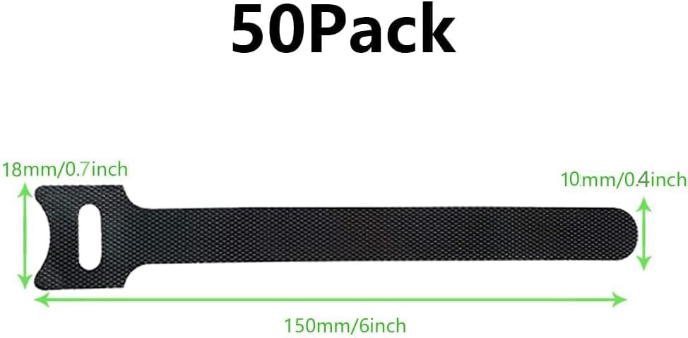 Cable Ties Reusable Black 50 Pack Cord Straps Hook and Loop Wire Wraps Keepers Clips Organizer Management Kit for tv pc Computer Charging Data Cables