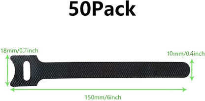 Cable Ties Reusable Black 50 Pack Cord Straps Hook and Loop Wire Wraps Keepers Clips Organizer Management Kit for tv pc Computer Charging Data Cables