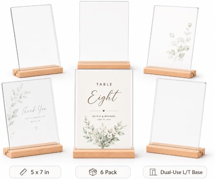4x6 Acrylic Sign Holder with Beech Wood Base, 12 Pack Clear Double-Sided Tabletop Sign Display Stand, Dual-Use L/T Base for Menu, Wedding Table Number, Photo, Flyer and Retail Display (12, 4x6)