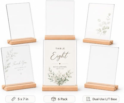 4x6 Acrylic Sign Holder with Beech Wood Base, 12 Pack Clear Double-Sided Tabletop Sign Display Stand, Dual-Use L/T Base for Menu, Wedding Table Number, Photo, Flyer and Retail Display (12, 4x6)